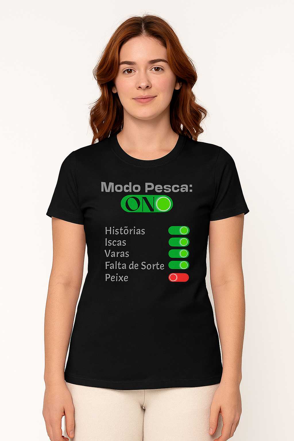 Camiseta Feminina Premium MODO PESCA ON 100% Algodão – Confortável para Mulheres que Pescam